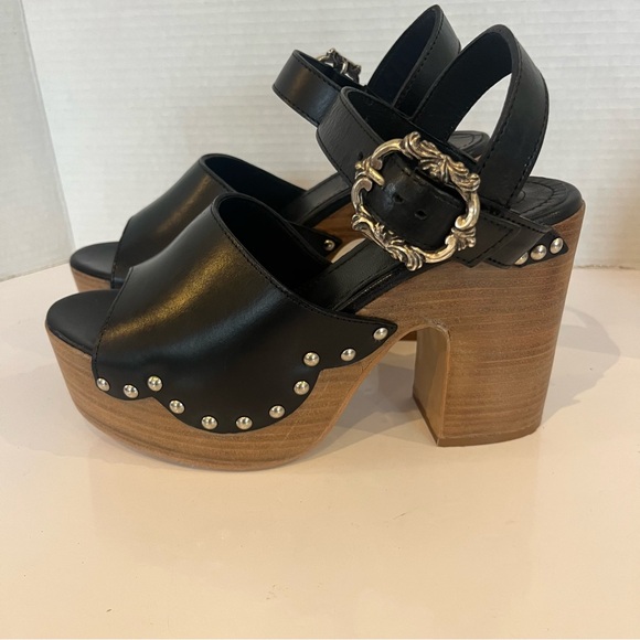 The Kooples Black Leather Wood Platform Clog Sandals Studded Block Heels EU 38 - Picture 7 of 14